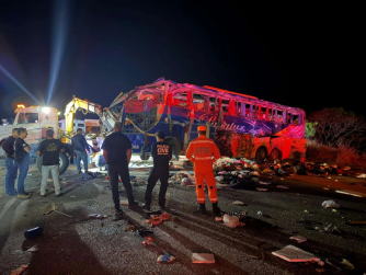 Batida entre ônibus de turismo e carreta deixa seis mortos na BR-116 em Minas Gerais