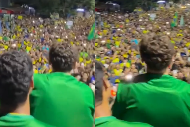 Nikolas arremessa picanha para apoiadores e diz: “Lula não deu, Flávio sim”.